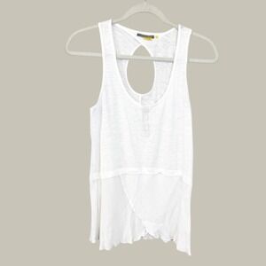 Little Yellow Button White Henley Tank Top XS Keyhole Back Layered Gauze Hem